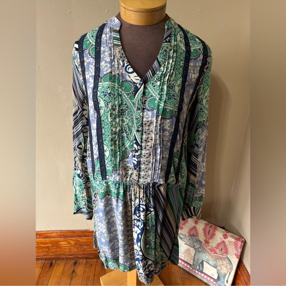 Tiny Split Neck Drop Waist Patchwork Dress Small - image 3